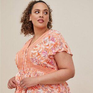 Coral Crinkle Gauze Laceup Babydoll Blouse Size 6X (30)